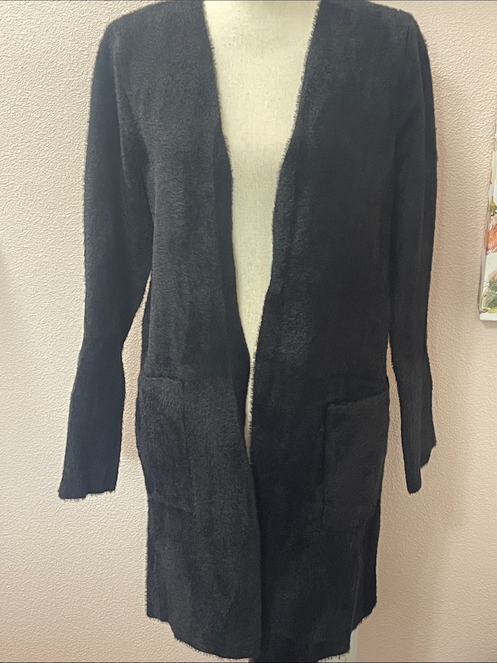 Max Studio Black Open-Front Long Cardigan with Pockets
